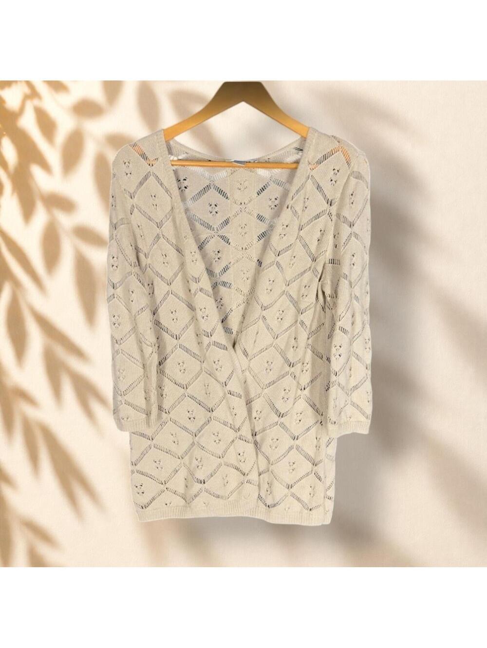 Christopher & Banks Cardigan Women PM Petite Brown Geometric Open Front Cotton
